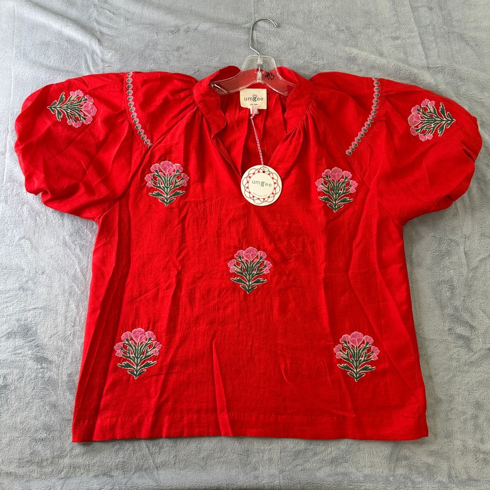 Umgee Red Embroidered Puff Sleeve Blouse Split V-Neck Floral Top C5033 Womens S